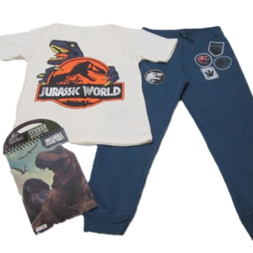 Jurassic T-Shirt Jogger Pants Set & Sticker Activity Pad & Gift Bag NEW size 7